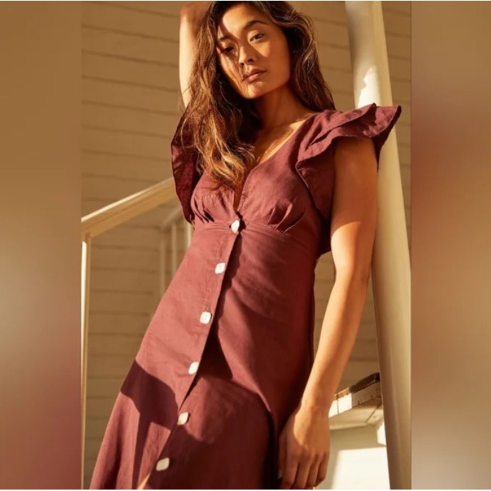 Charlie Holiday Midi Dress Women 4 Burgundy Linen Cotton Open Back Boho Vacation